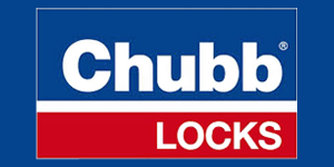 chubb locks logo white text on blue and red background